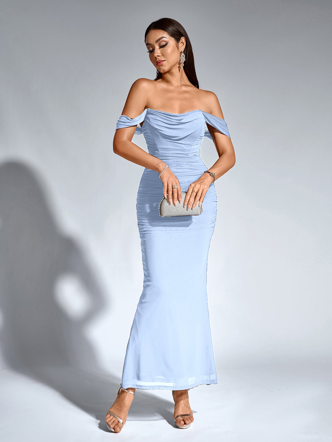 off shoulder zipper back ruched bodycon dress#color_blue