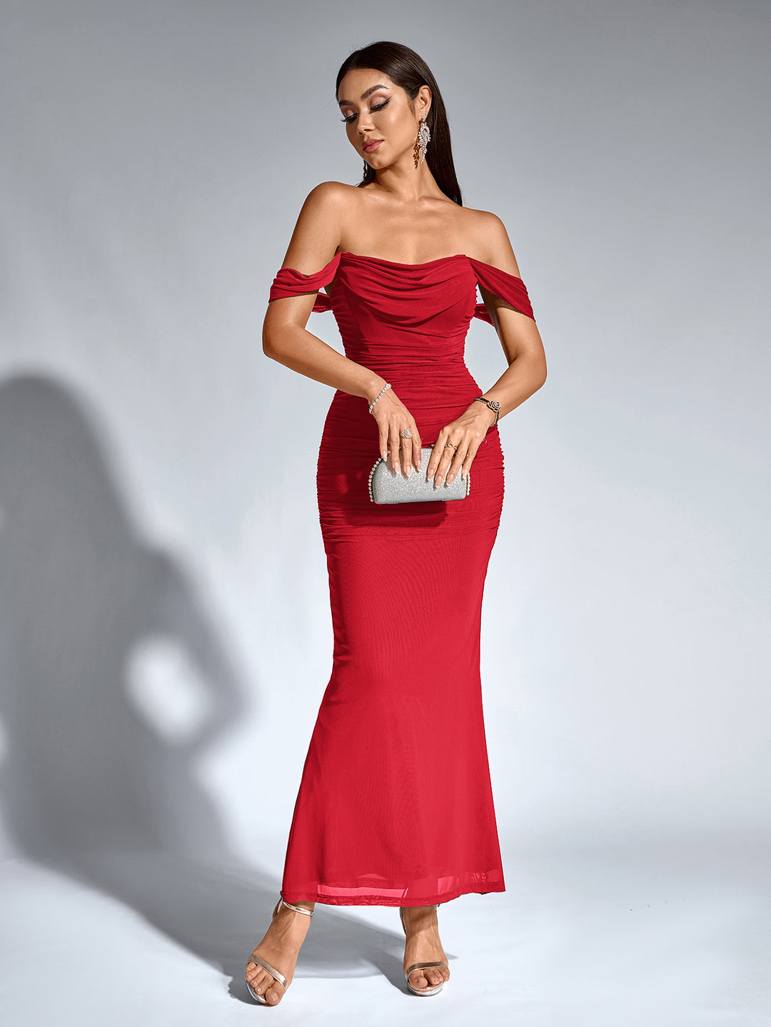 off shoulder zipper back ruched bodycon dress#color_red