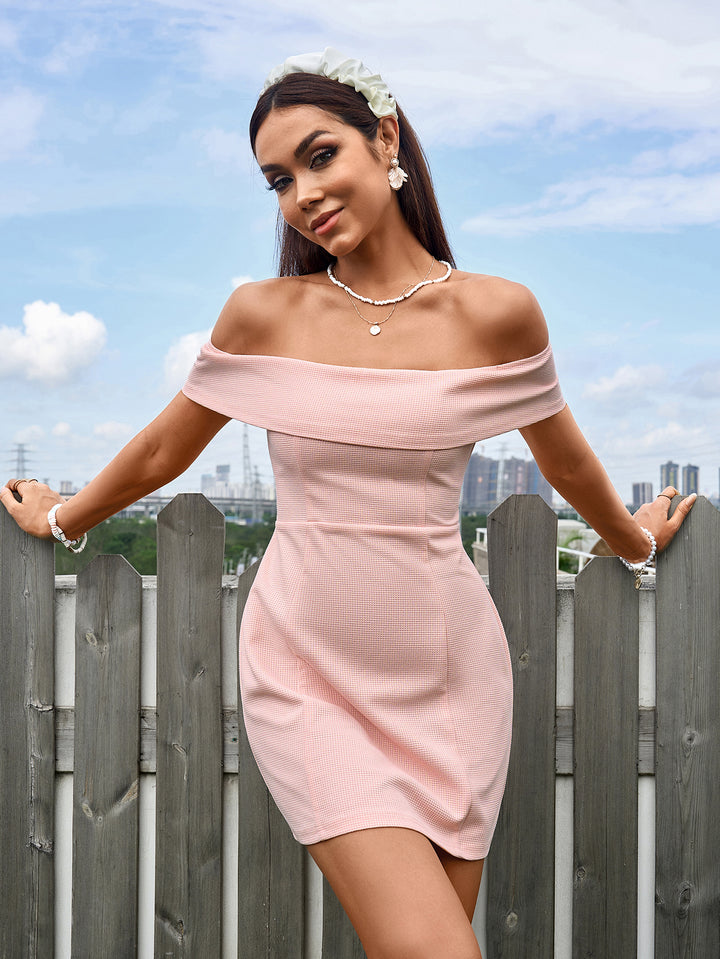 waffle zipper back off shoulder mini dress#color_pink