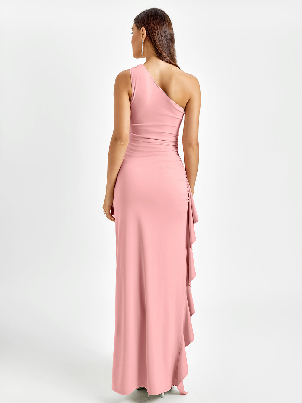 ruched one shoulder embellished slit hem dress#color_dp