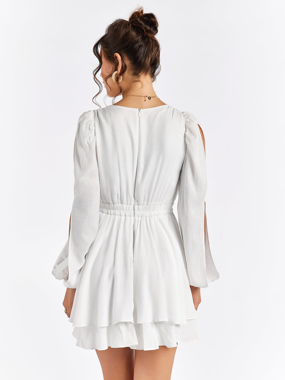 v-neck openwork sleeve tiered mini dress#color_white