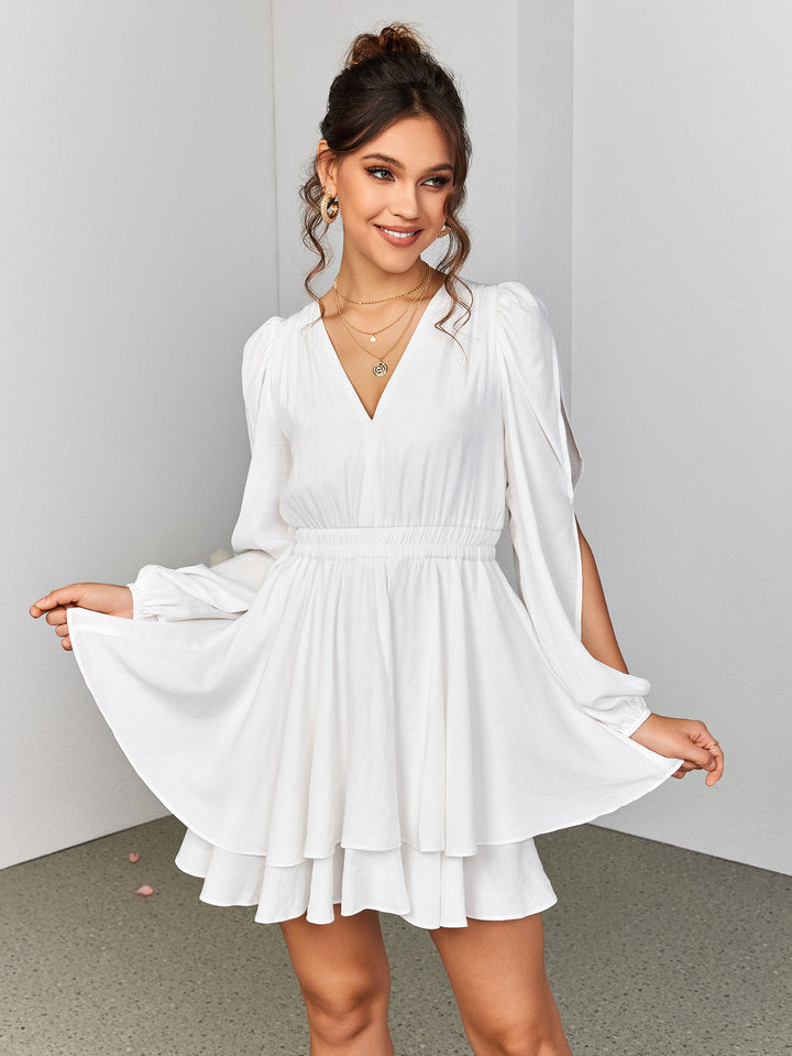 tiered v-neck openwork sleeve mini dress#color_white