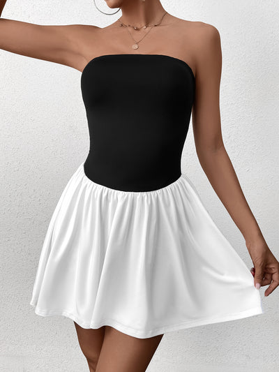 tube contrast patchwork mini dress#color_black