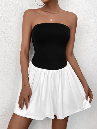 contrast tube patchwork mini dress#color_black