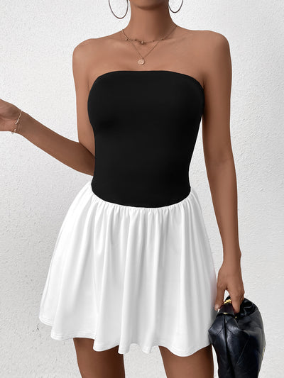 patchwork contrast tube mini dress#color_black