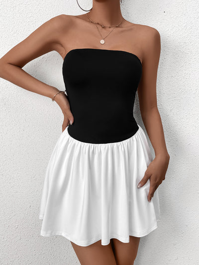 tube patchwork contrast mini dress#color_black