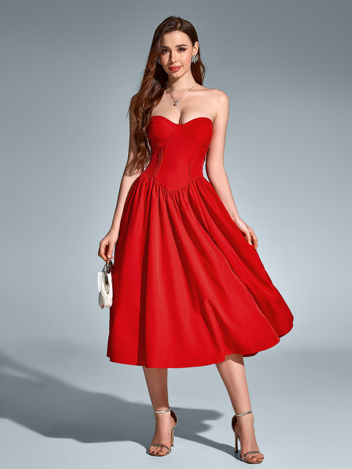 pleat flared hem corset midi dress#color_red