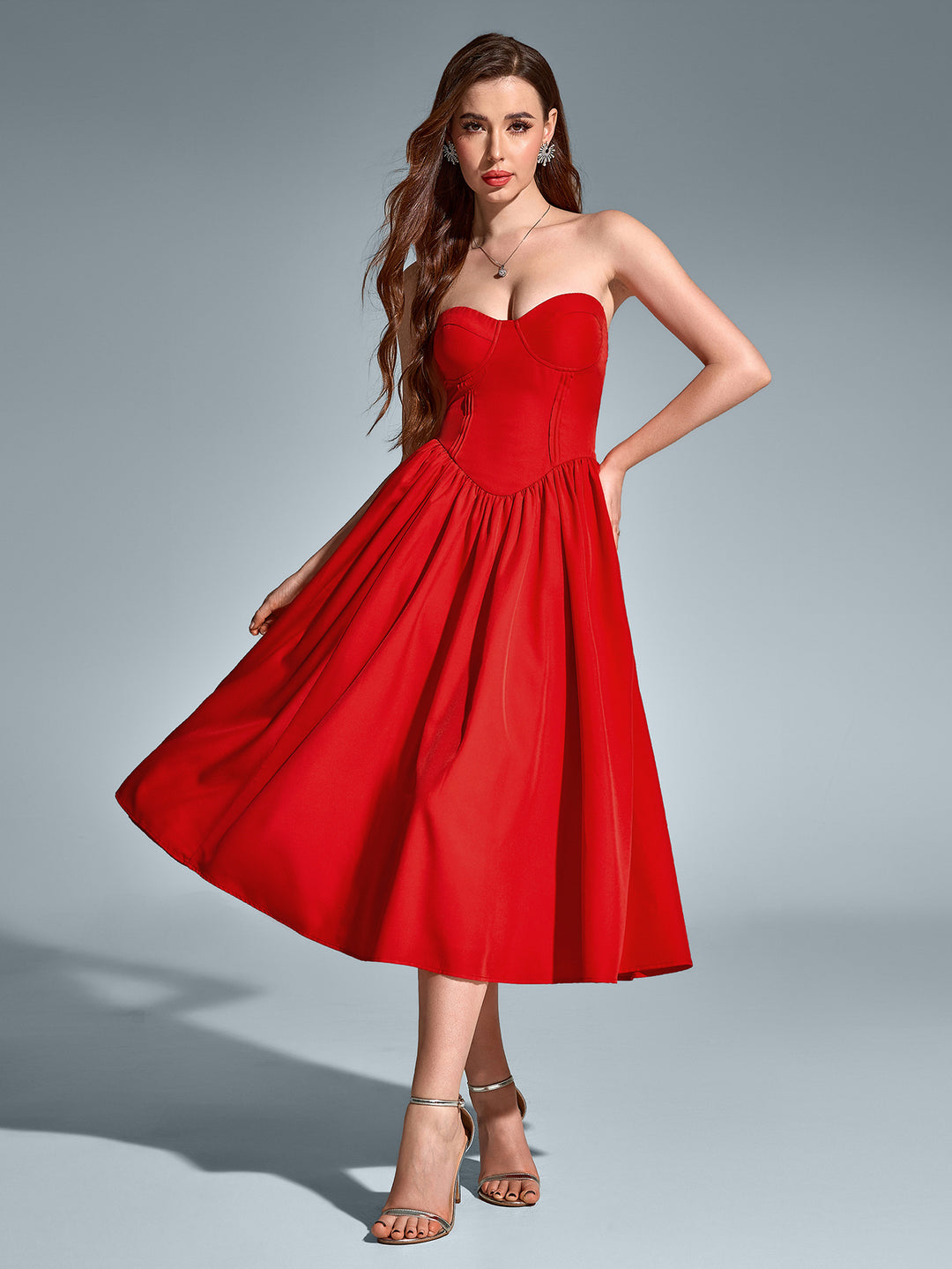 corset flared hem pleat midi dress#color_red