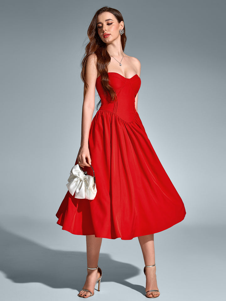 flared hem pleat corset midi dress#color_red