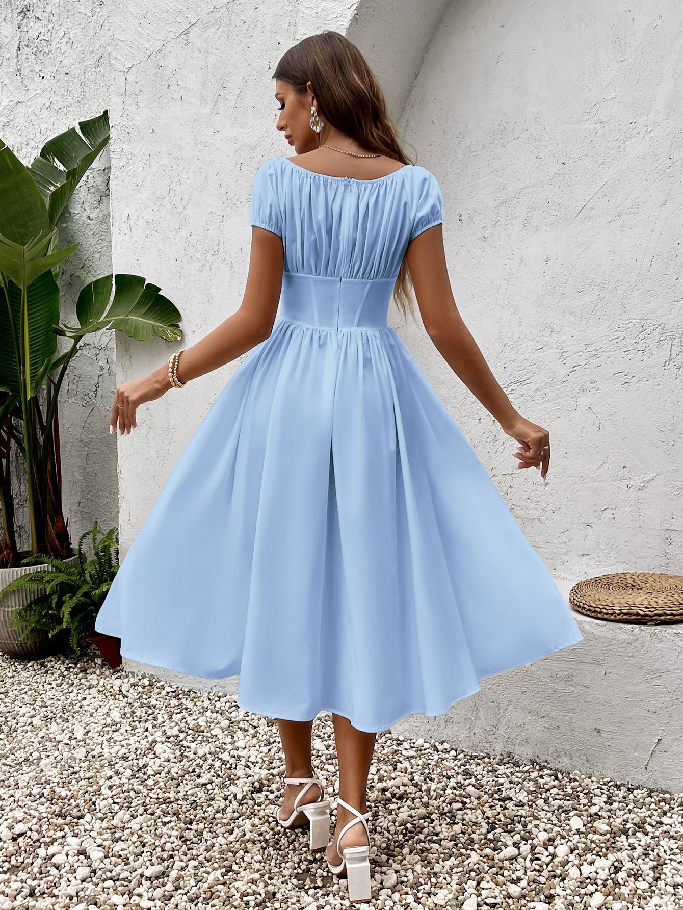 ruched bust puff sleeve button midi dress#color_blue