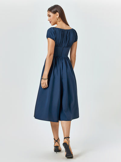 ruched bust puff sleeve button midi dress#color_navy