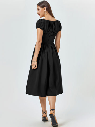 ruched bust puff sleeve button midi dress#color_black