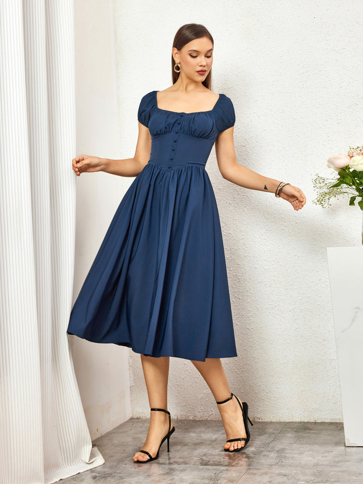 button ruched bust puff sleeve midi dress#color_navy