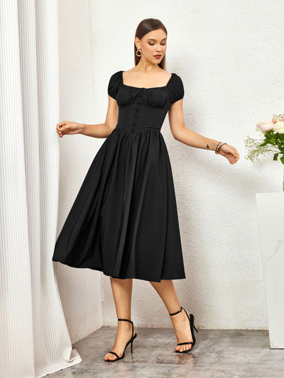 button ruched bust puff sleeve midi dress#color_black