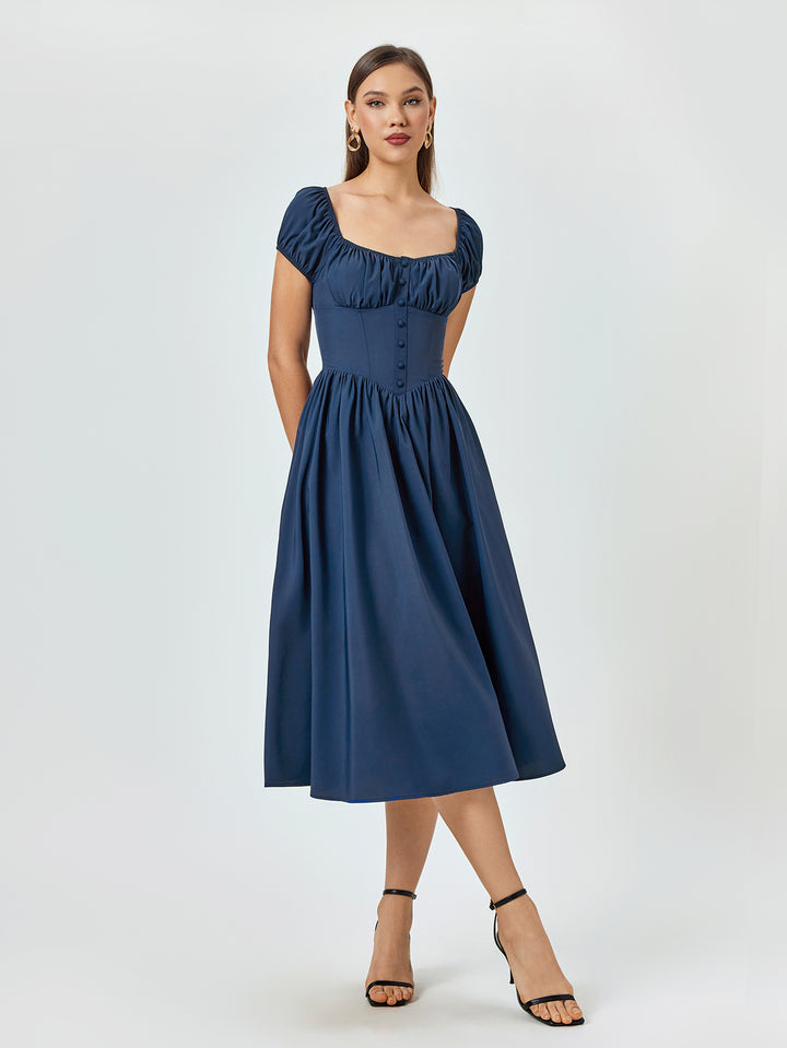 ruched bust button puff sleeve midi dress#color_navy