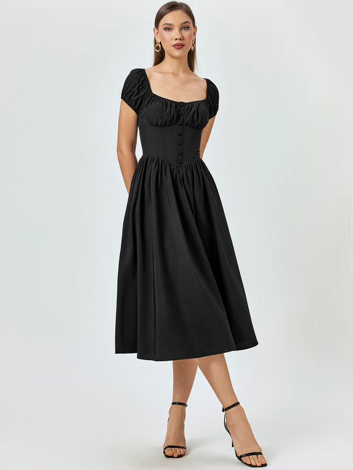 ruched bust button puff sleeve midi dress#color_black