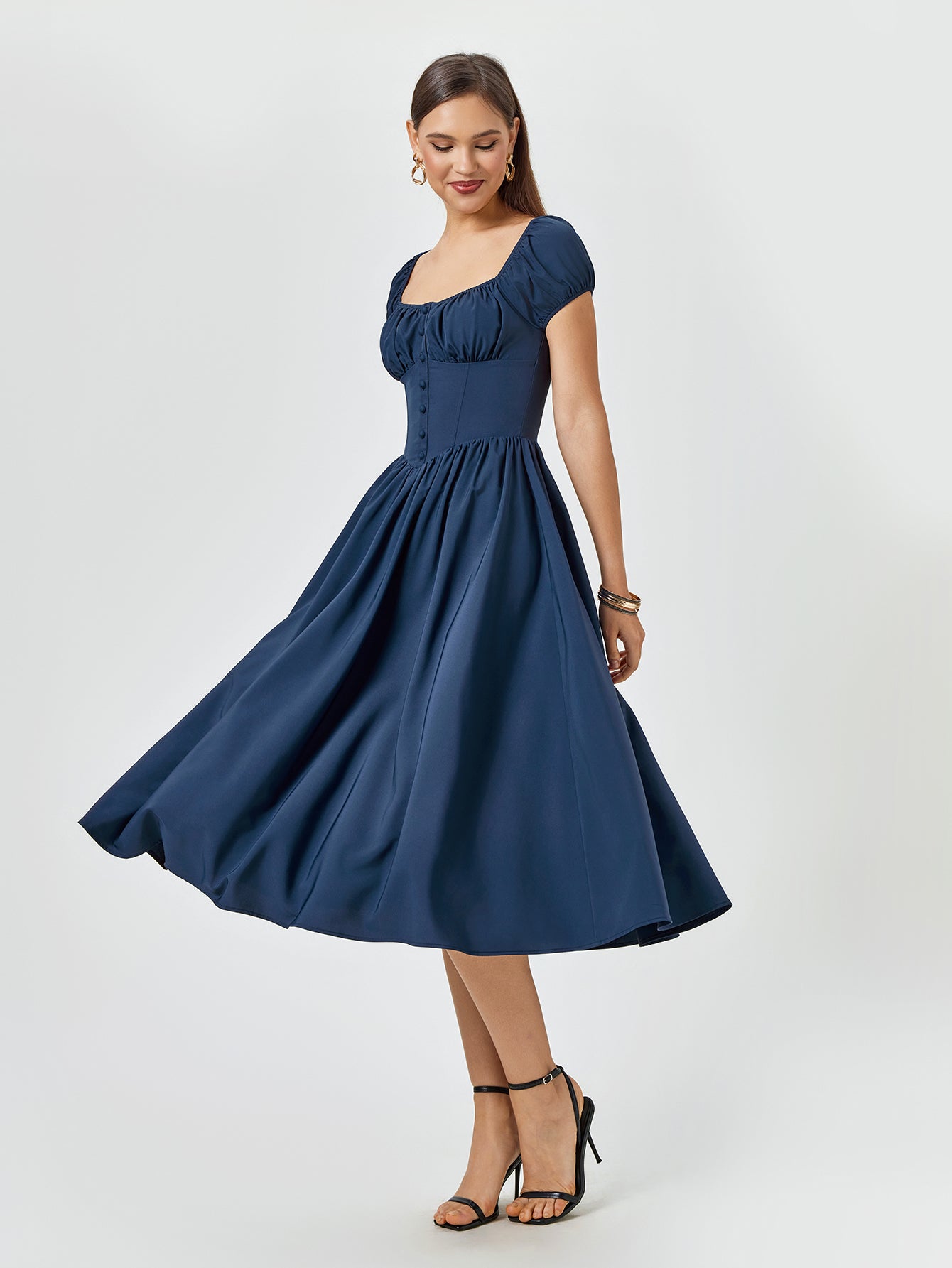 puff sleeve ruched bust button midi dress#color_navy