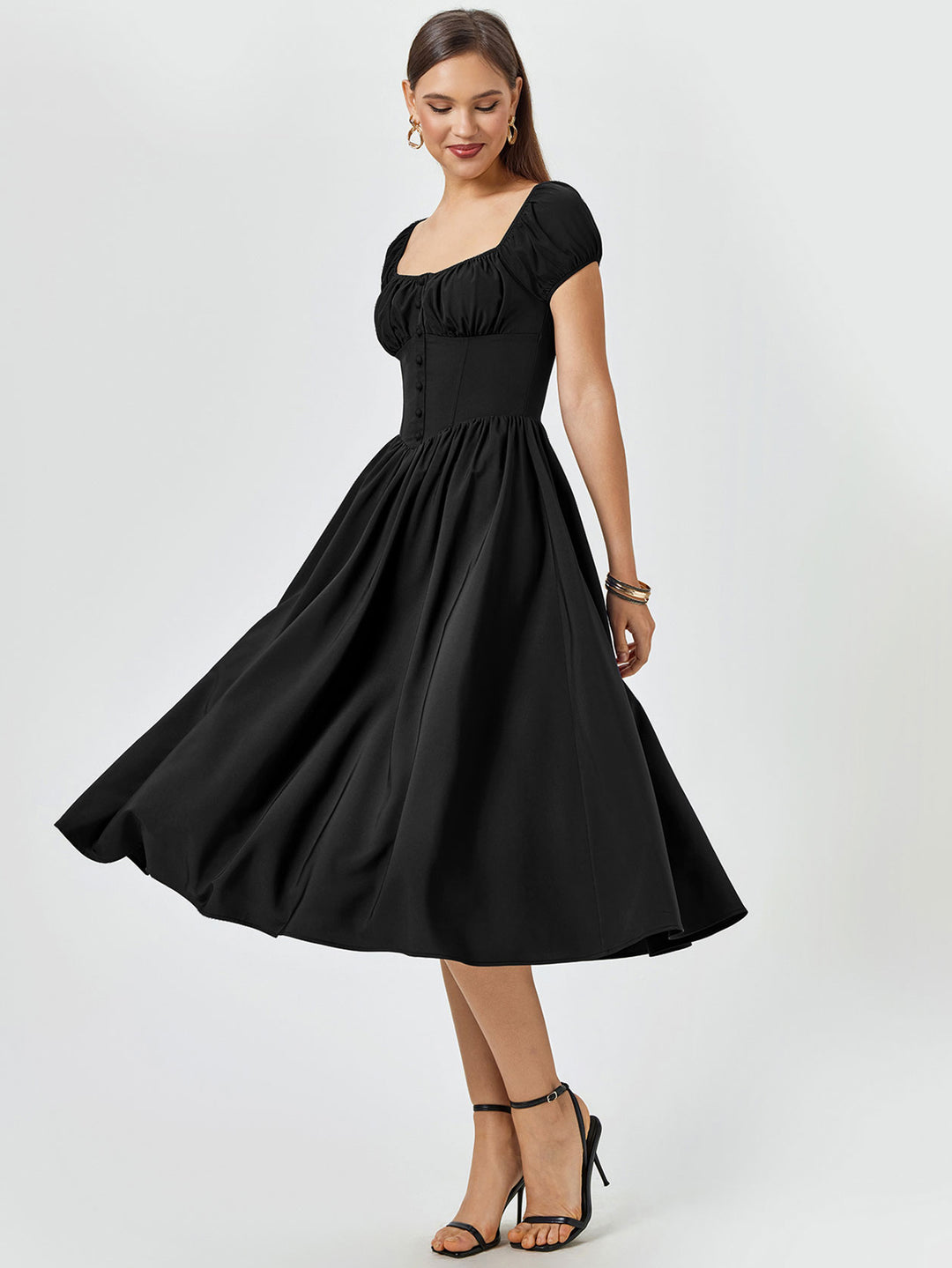 puff sleeve ruched bust button midi dress#color_black