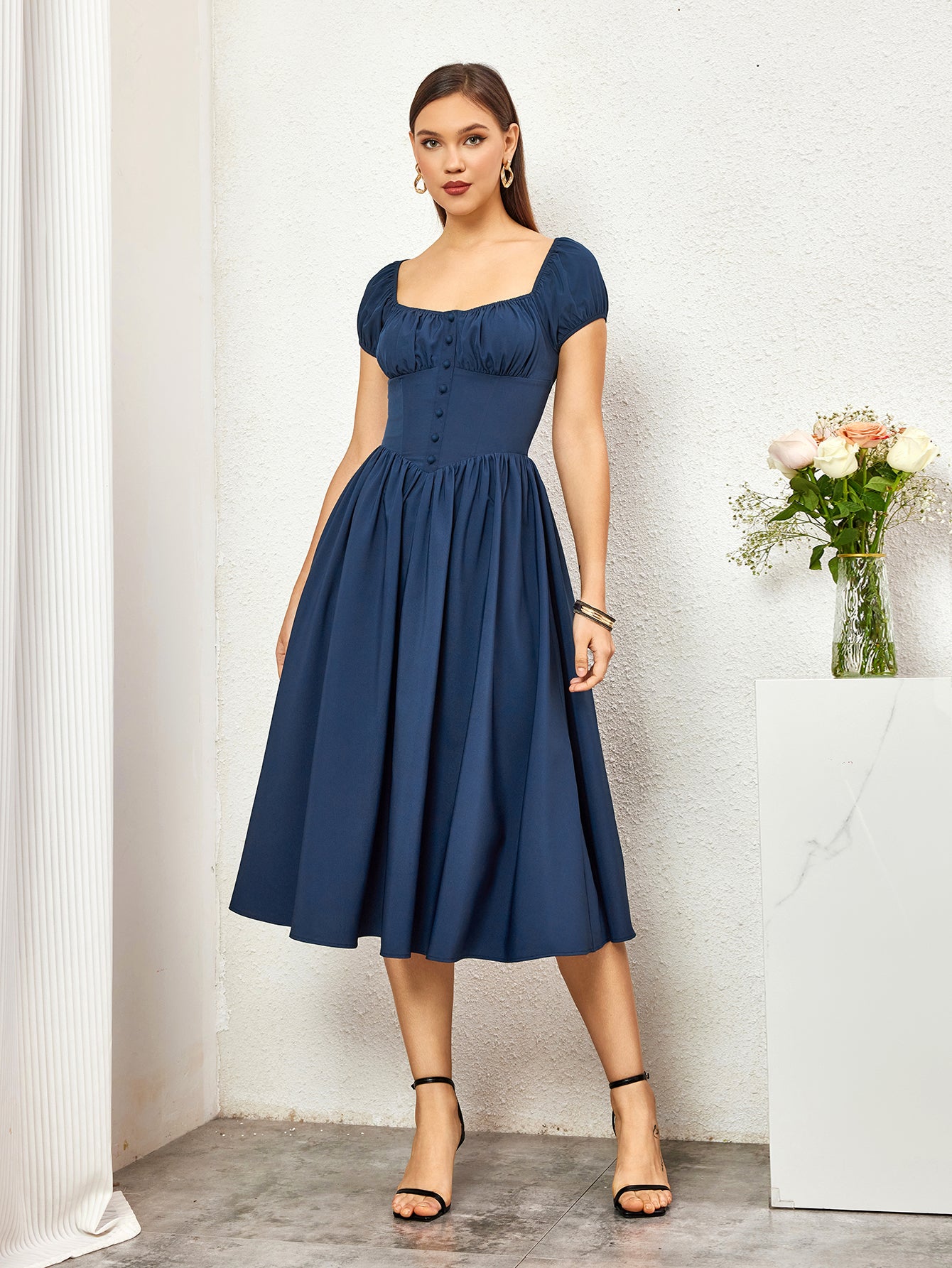 puff sleeve button ruched bust midi dress#color_navy