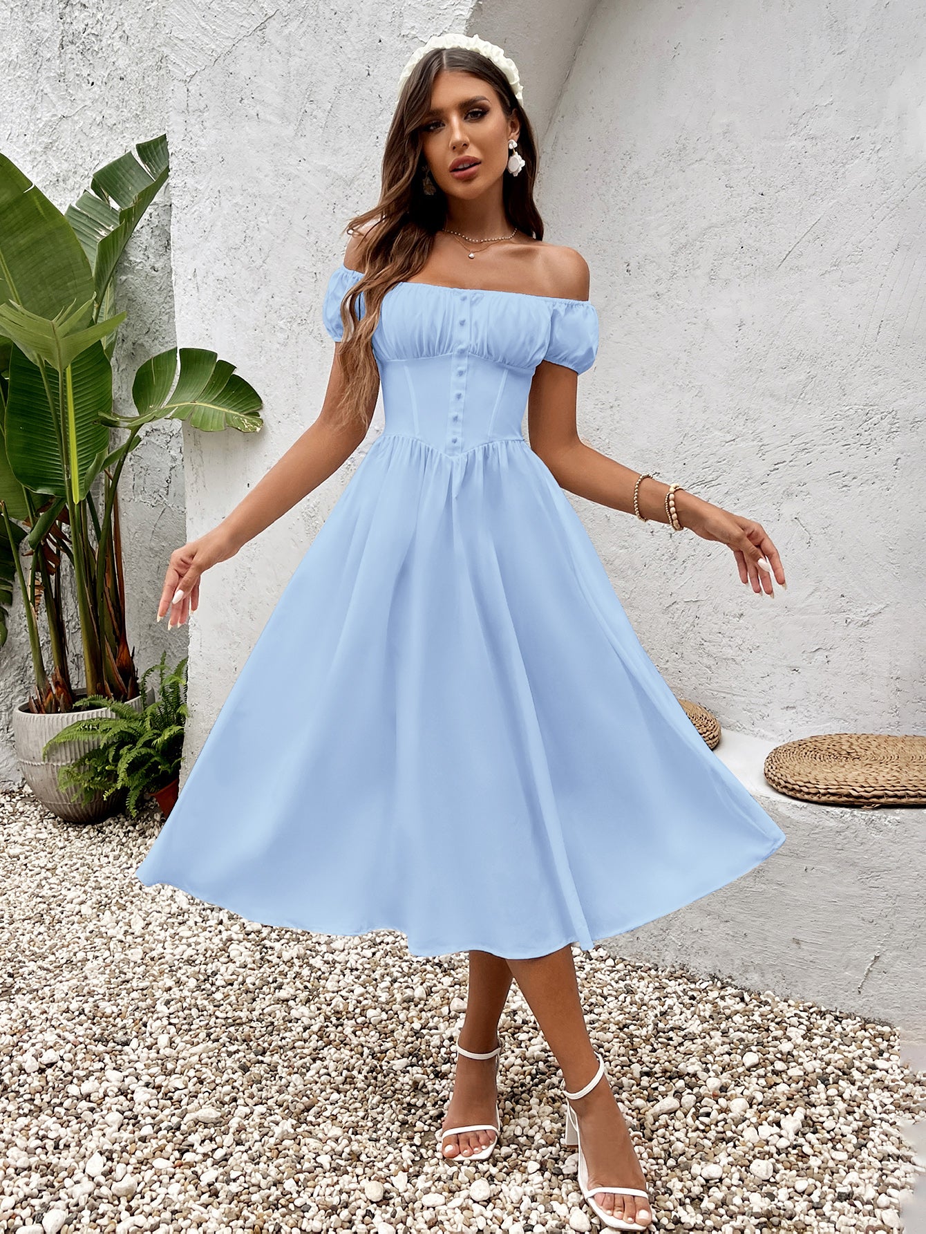 puff sleeve button ruched bust midi dress#color_blue