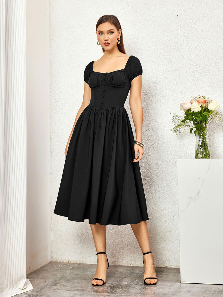 puff sleeve button ruched bust midi dress#color_black