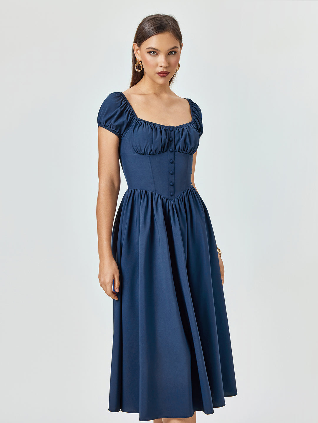 button puff sleeve ruched bust midi dress#color_navy