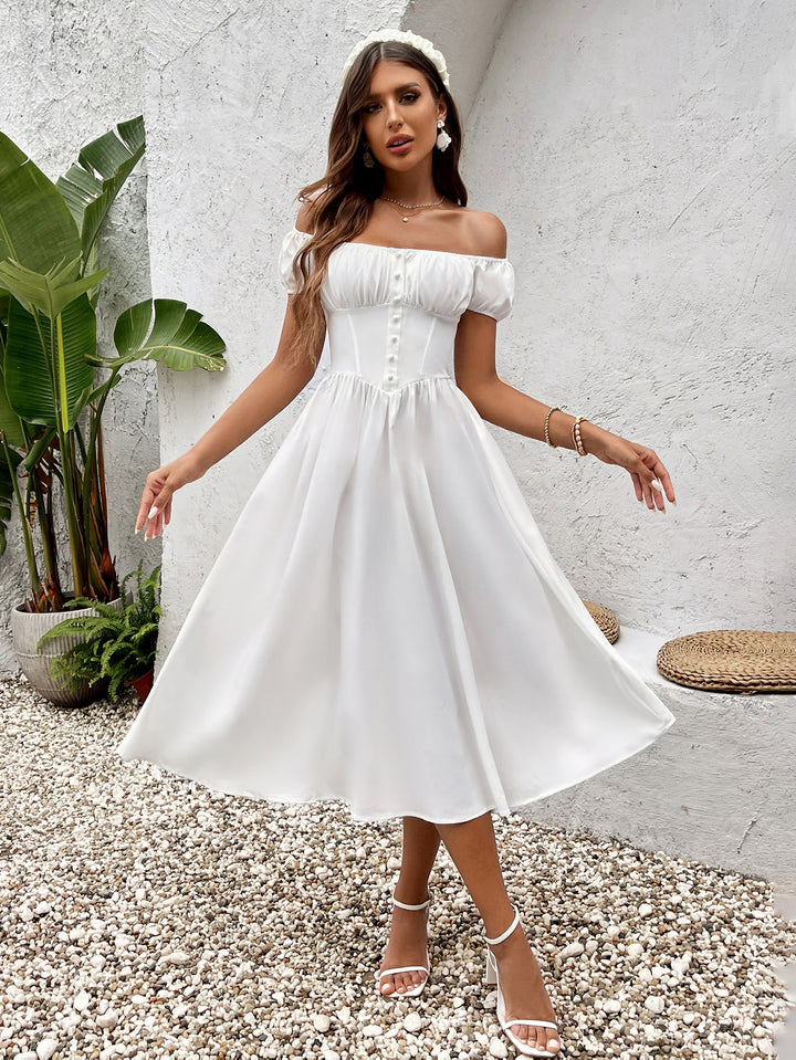 button puff sleeve ruched bust midi dress#color_white