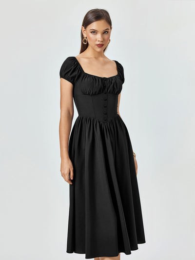 button puff sleeve ruched bust midi dress#color_black