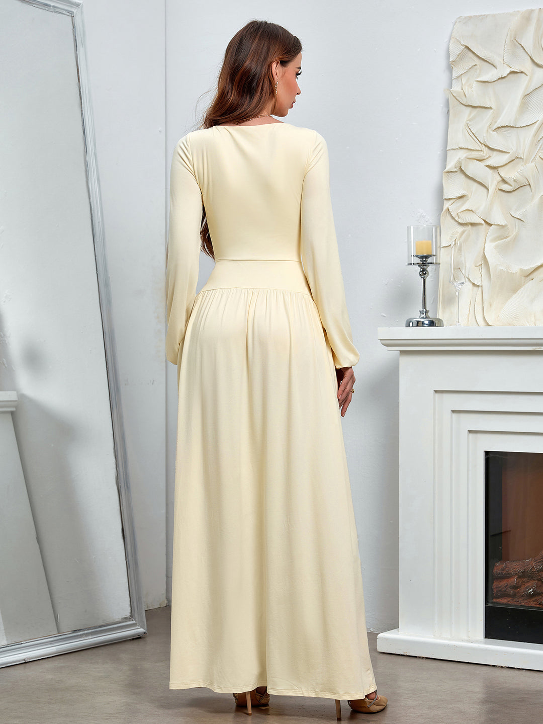 square neck puff sleeve flared bodycon long dress#color_ivory