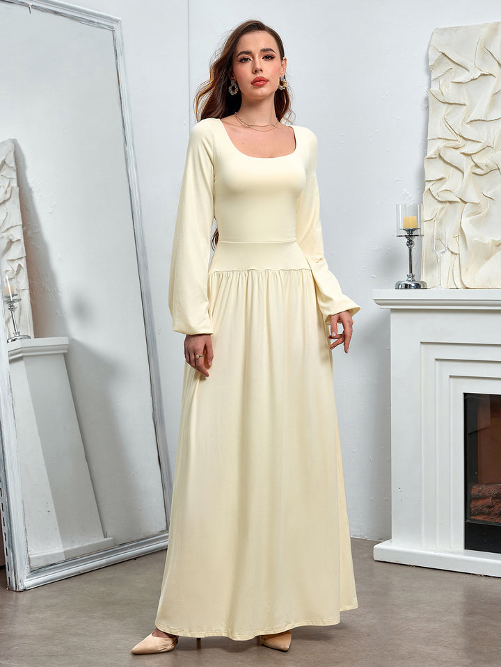 square neck puff sleeve flared bodycon long dress#color_ivory