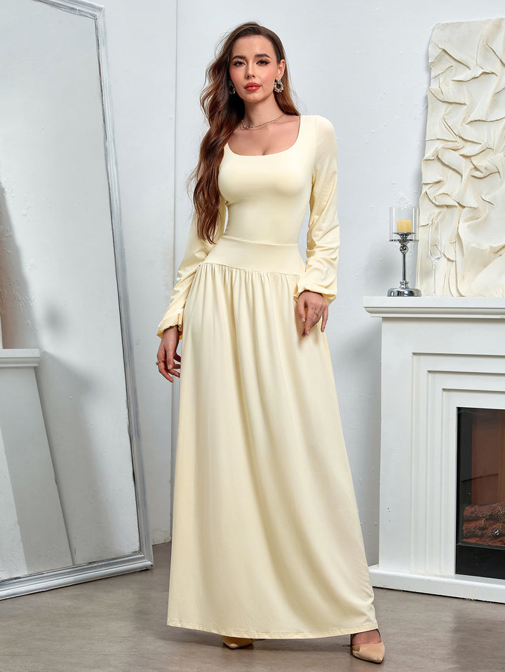 puff sleeve square neck flared bodycon long dress#color_ivory