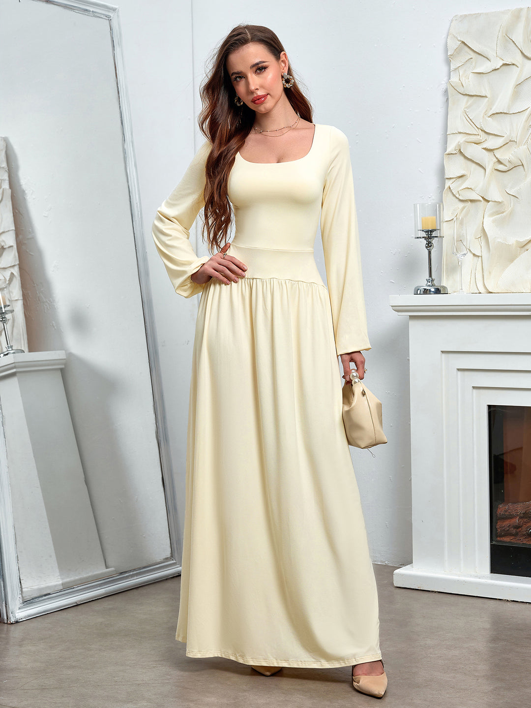 flared puff sleeve square neck bodycon long dress#color_ivory