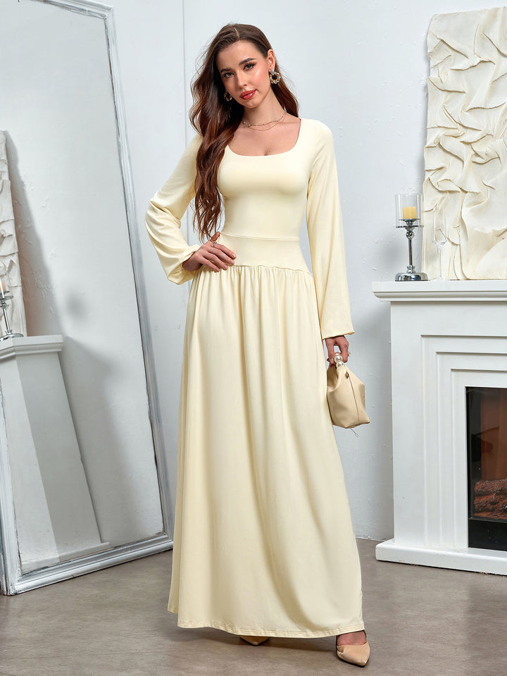 flared puff sleeve square neck bodycon long dress#color_ivory