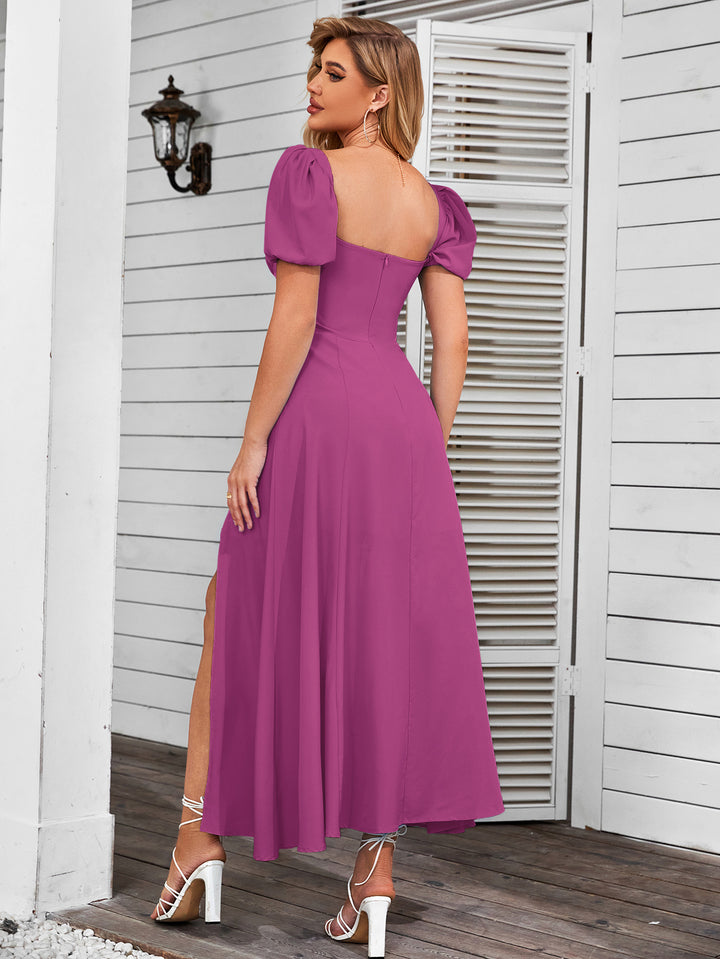 tie front puff sleeve off shoulder slit thigh dress#color_hotpink