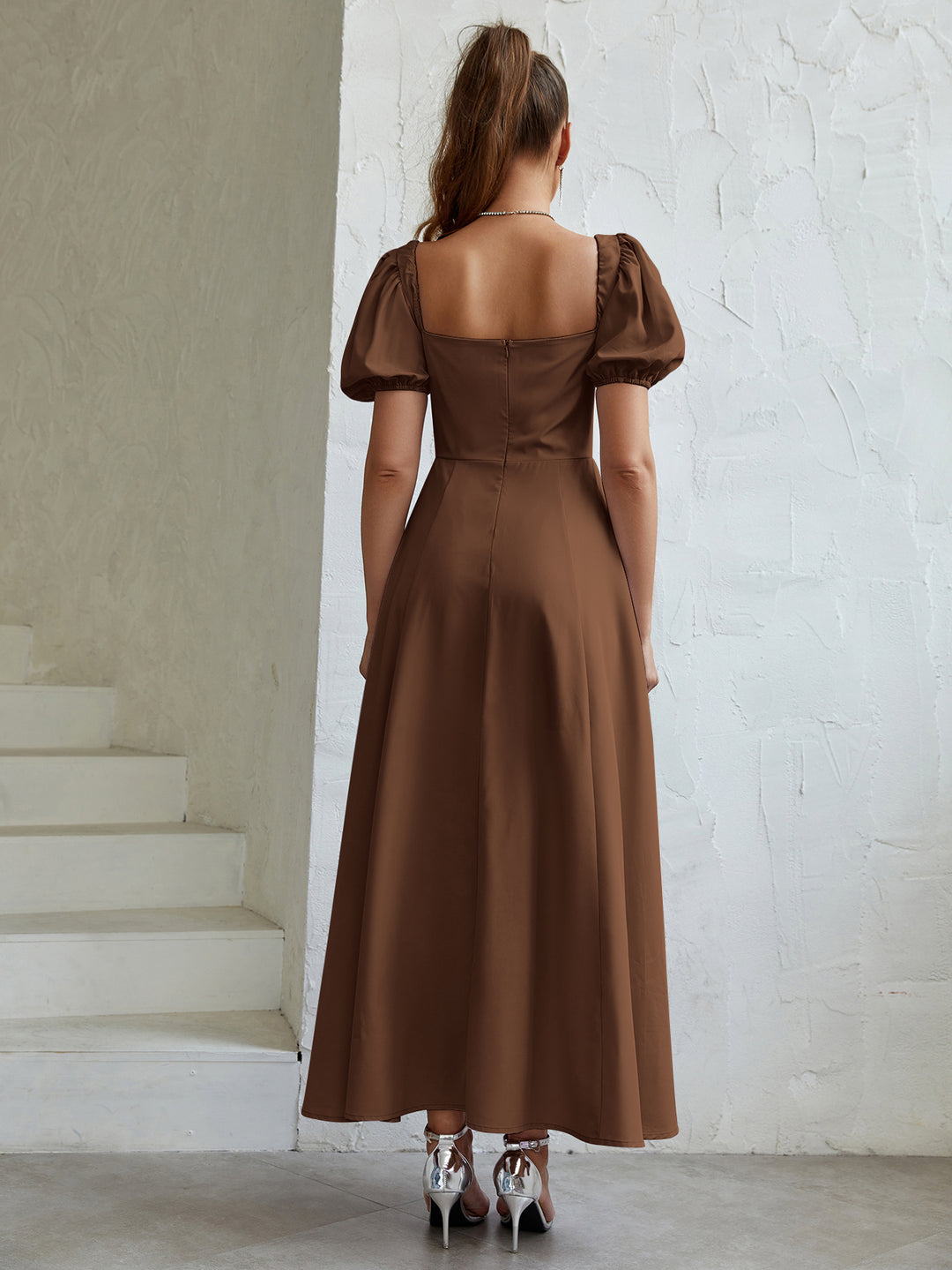 tie front puff sleeve off shoulder slit thigh dress#color_brown