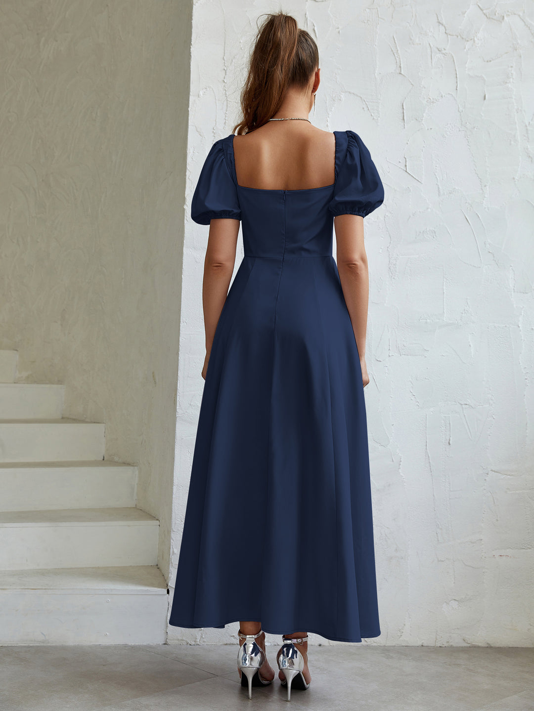 tie front puff sleeve off shoulder slit thigh dress#color_navy