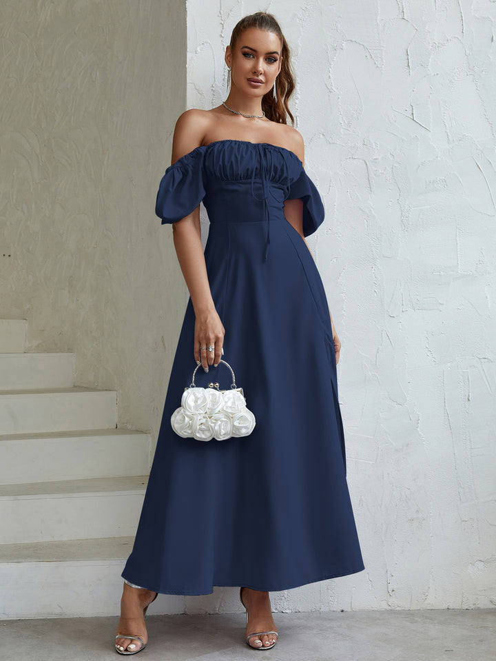 off shoulder tie front puff sleeve slit thigh dress#color_navy