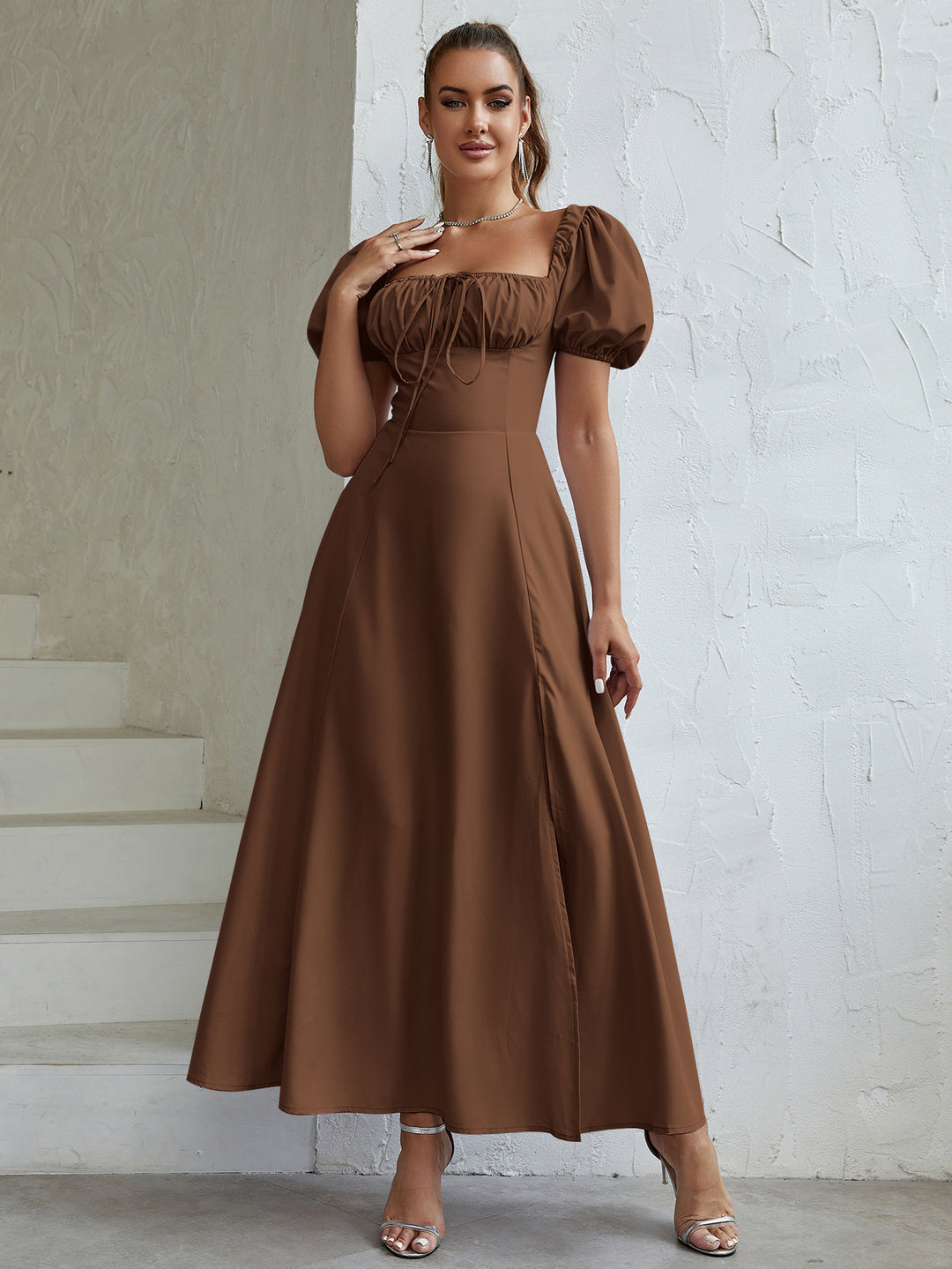 puff sleeve off shoulder tie front slit thigh dress#color_brown