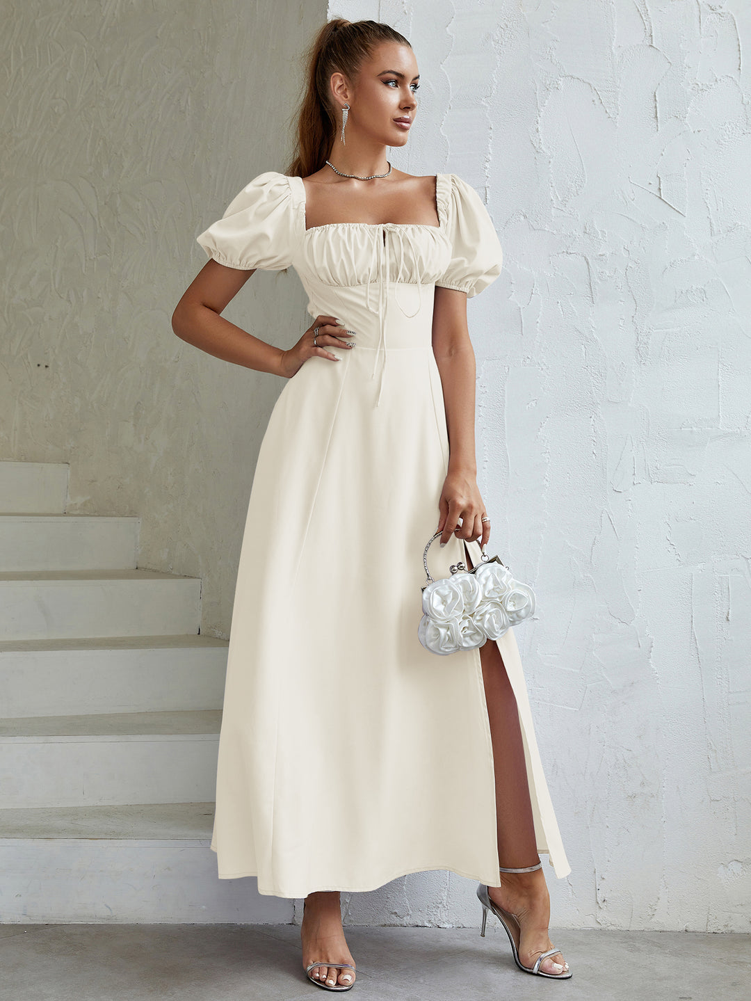 off shoulder puff sleeve tie front slit thigh dress#color_ivory