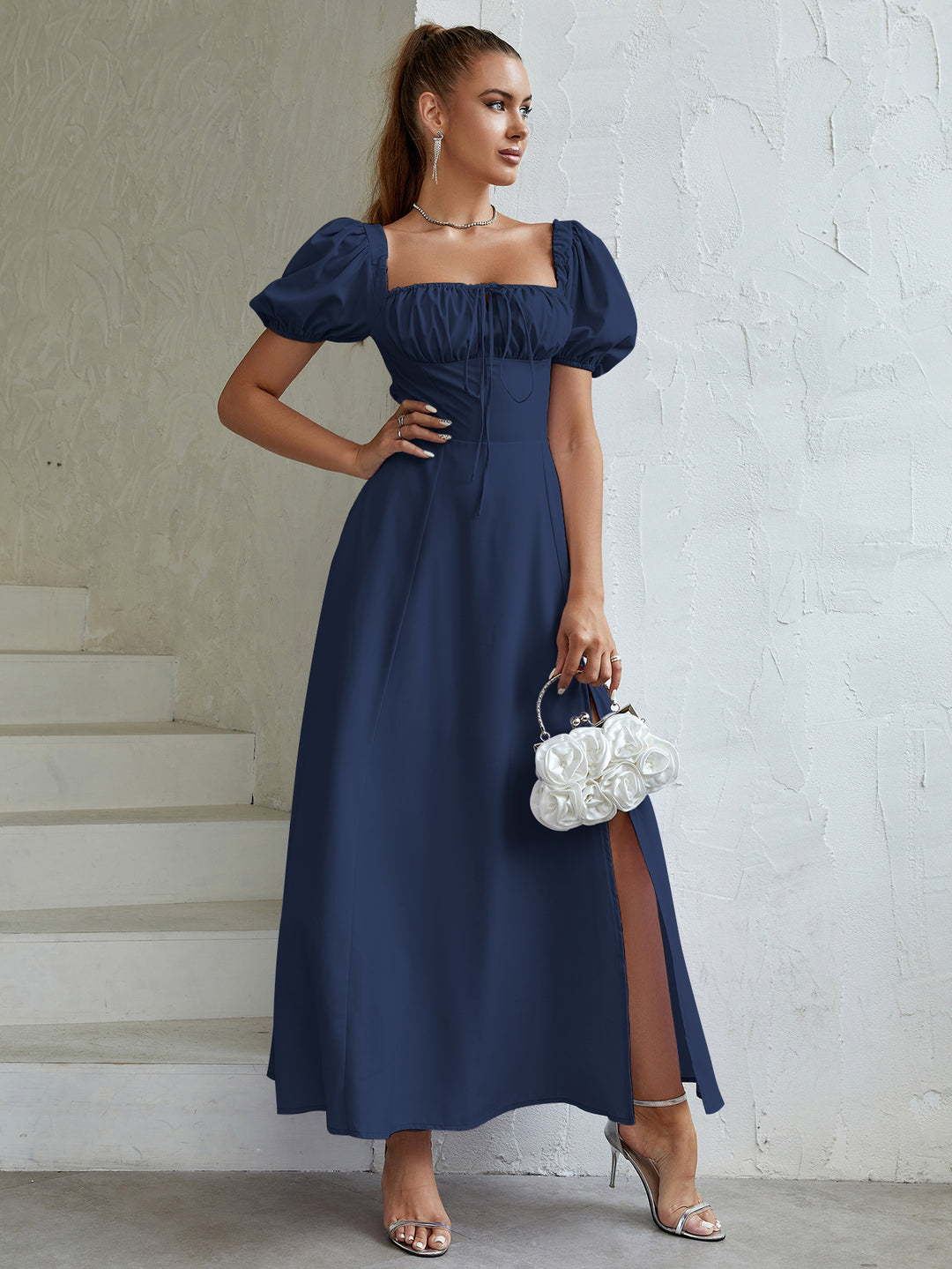 off shoulder puff sleeve tie front slit thigh dress#color_navy