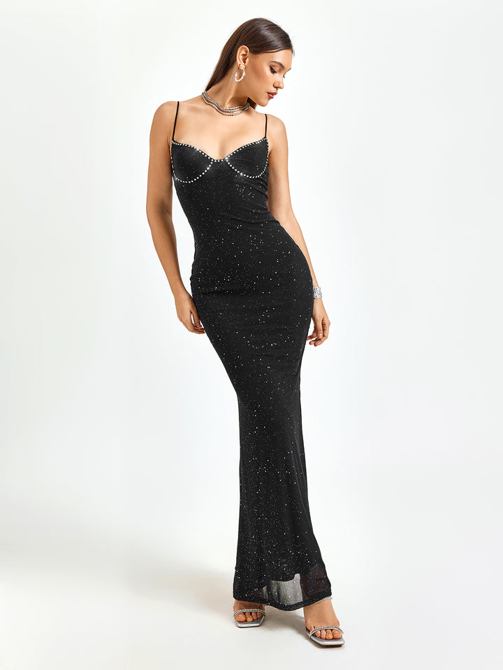 backless rhinestone beaded bustier mermaid dress#color_black