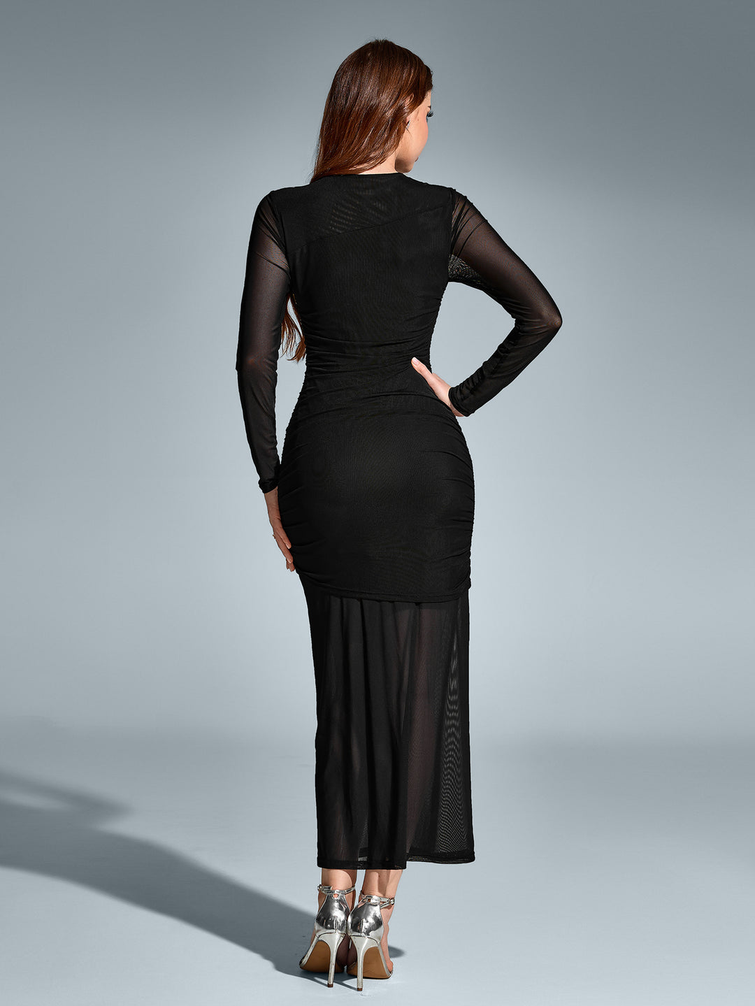 ruched round neck mesh bodycon dress#color_black