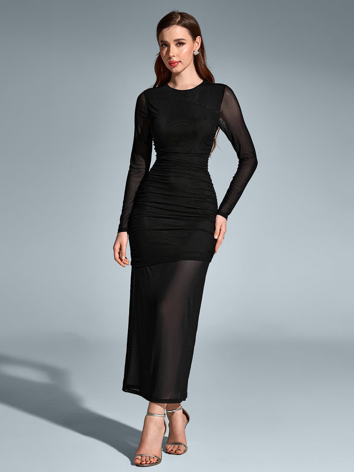 round neck ruched mesh bodycon dress#color_black