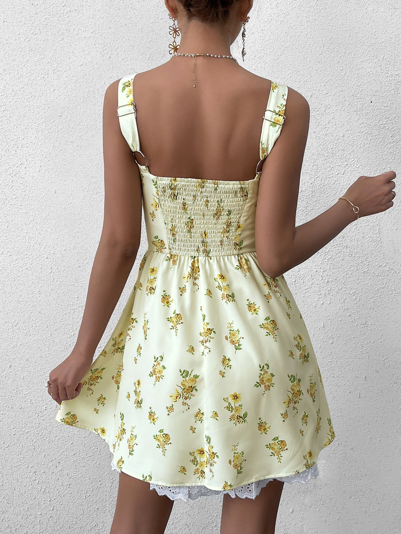 floral print ruched bust print cami dress#color_yellow