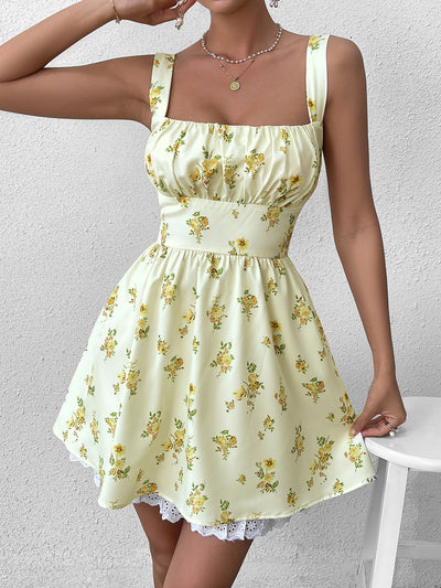 ruched bust cami floral print dress#color_yellow