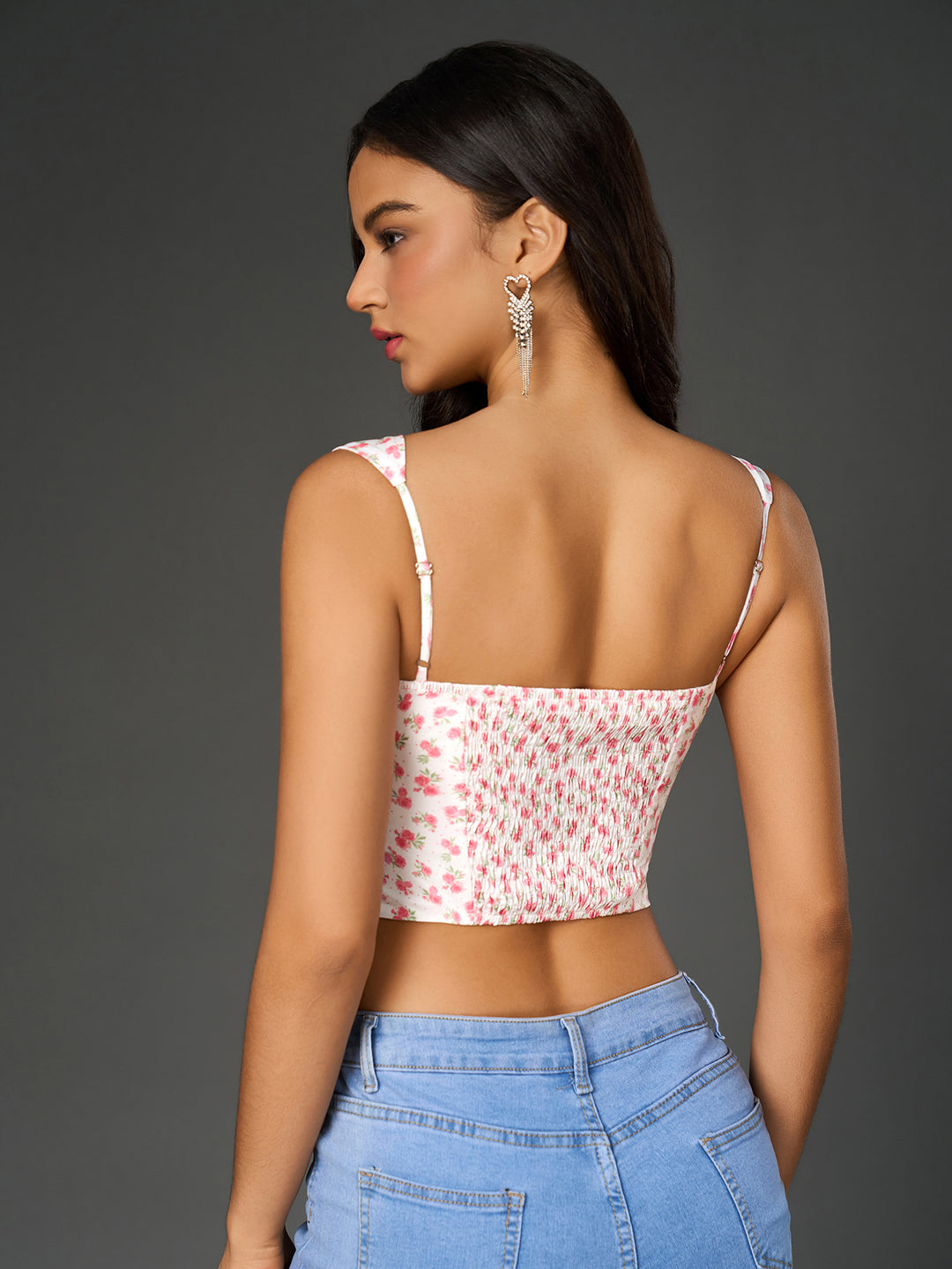 floral print ruched bust crop top#color_pink