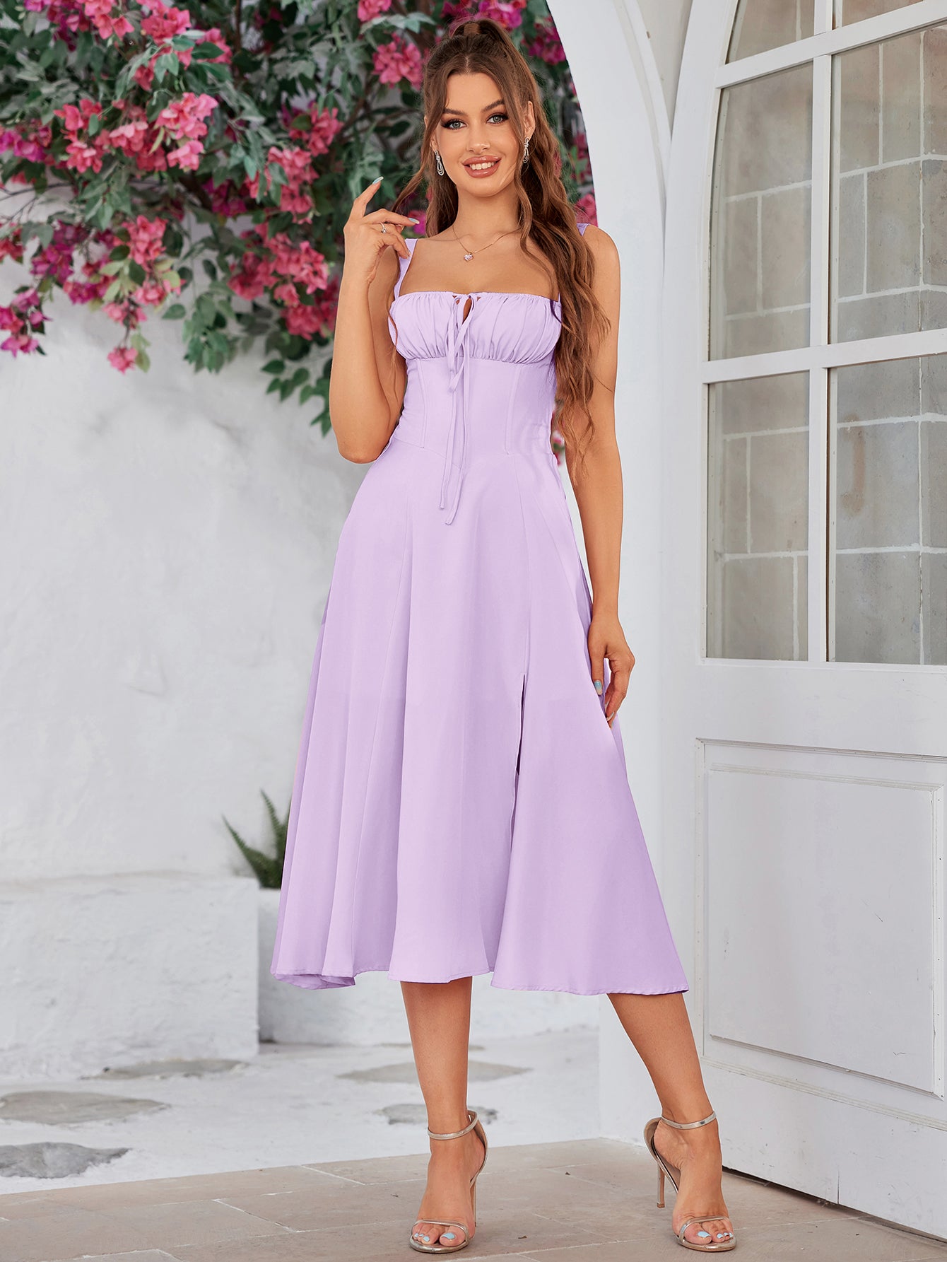 ruched bust  cami split thigh dress#color_lilac