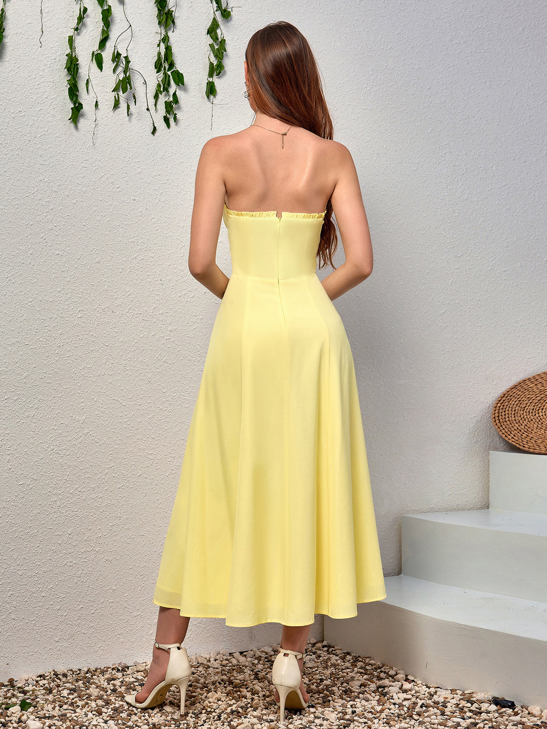 split thigh ruched bust maxi tube dress#color_yellow