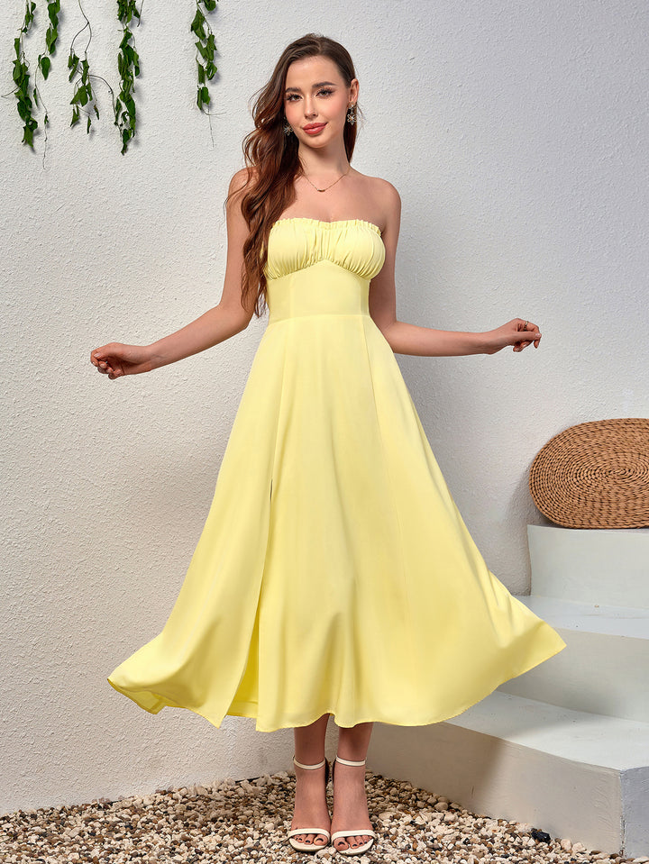 split thigh maxi ruched bust tube dress#color_yellow