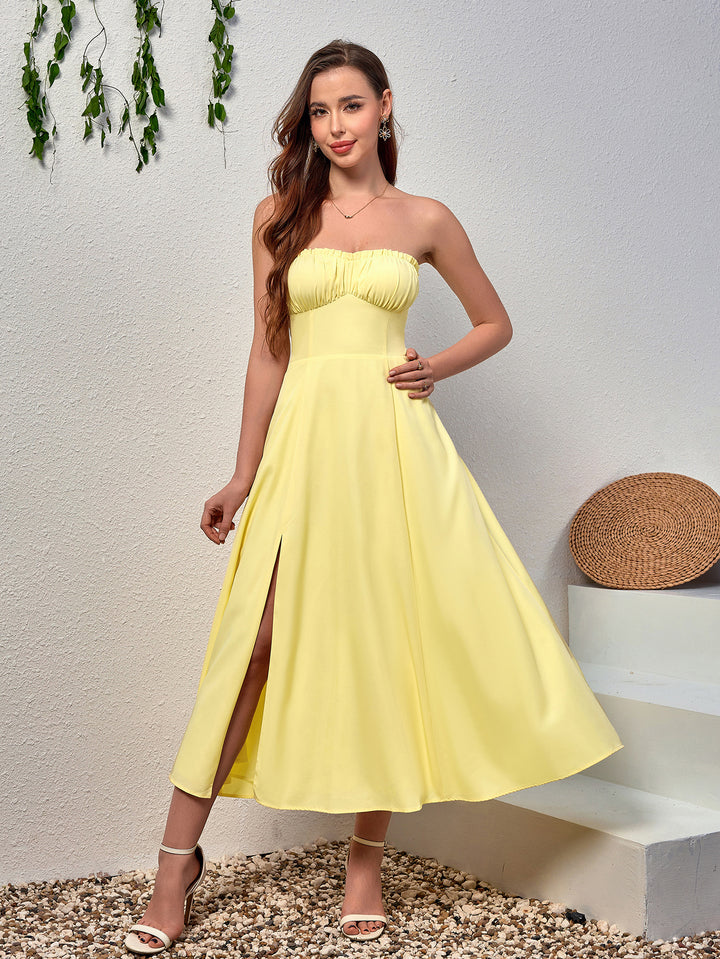 ruched bust split thigh maxi tube dress#color_yellow